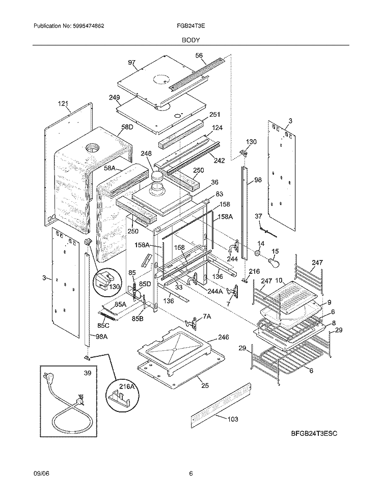 BODY Diagram and Parts List for FGB24T3ESC  Frigidaire Wall Oven