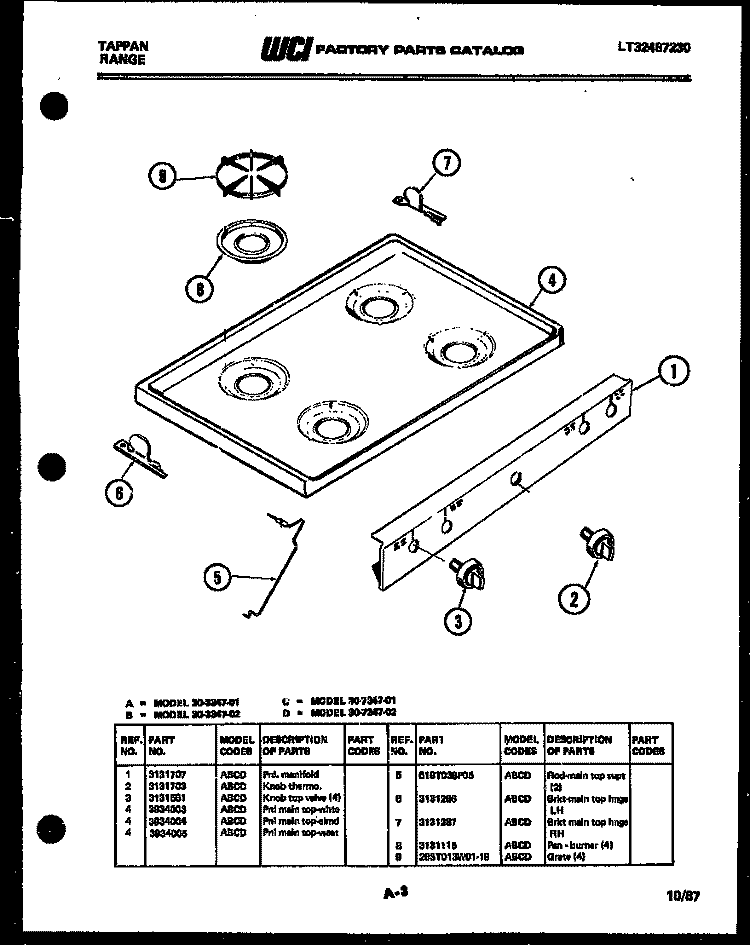 COOKTOP PARTS Diagram and Parts List for 30-3347-00-01  Tappan Range