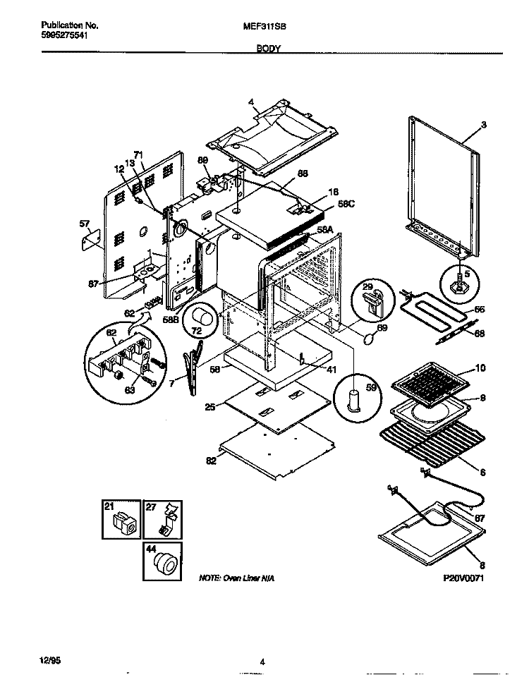 BODY Diagram and Parts List for MEF350SBDE  Frigidaire Range