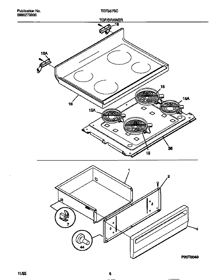 TOP / DRAWER Diagram and Parts List for TEF357BCWB  Tappan Range