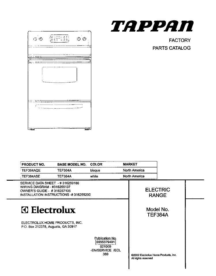 COVER Diagram and Parts List for TEF364AQE  Tappan Range