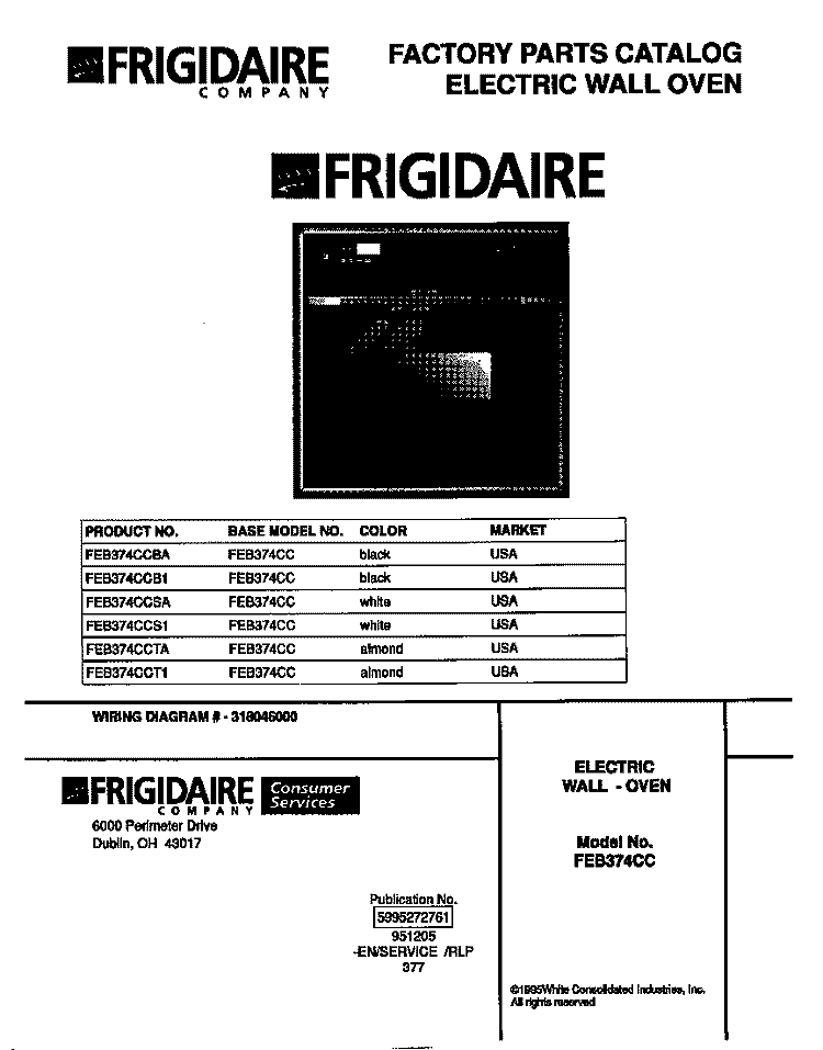 COVER Diagram and Parts List for FEB374CCS1  Frigidaire Wall Oven