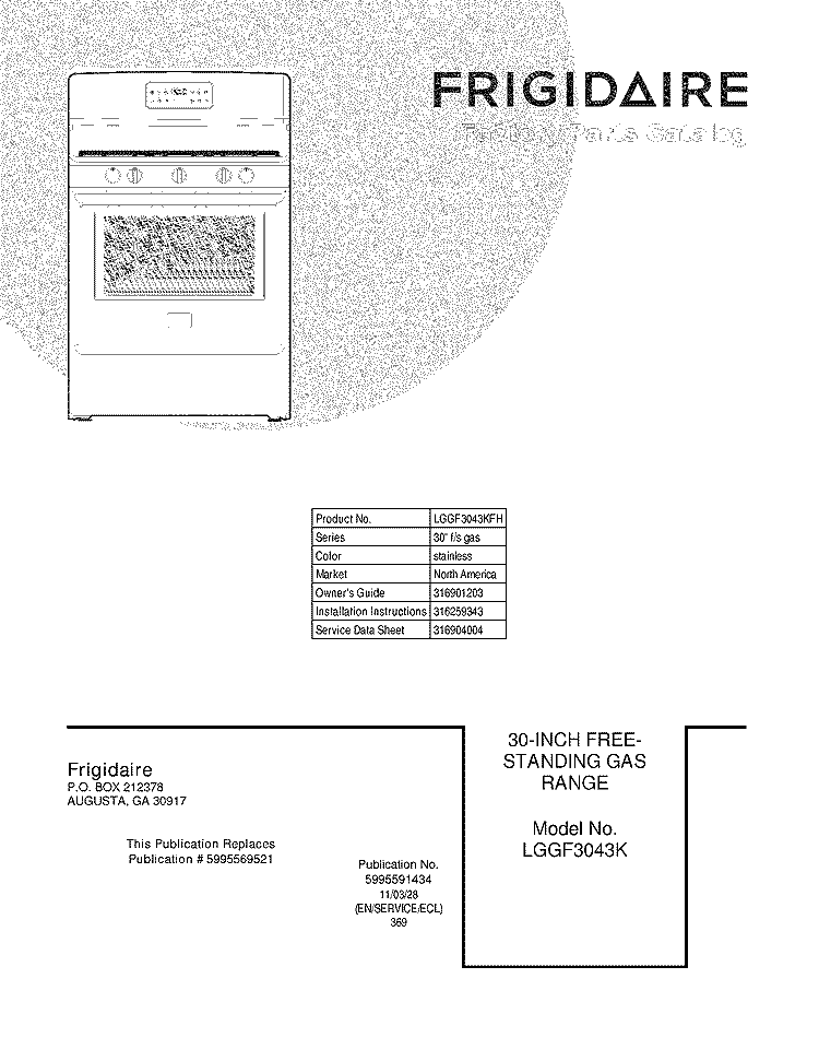 COVER Diagram and Parts List for LGGF3043KFH  Frigidaire Range