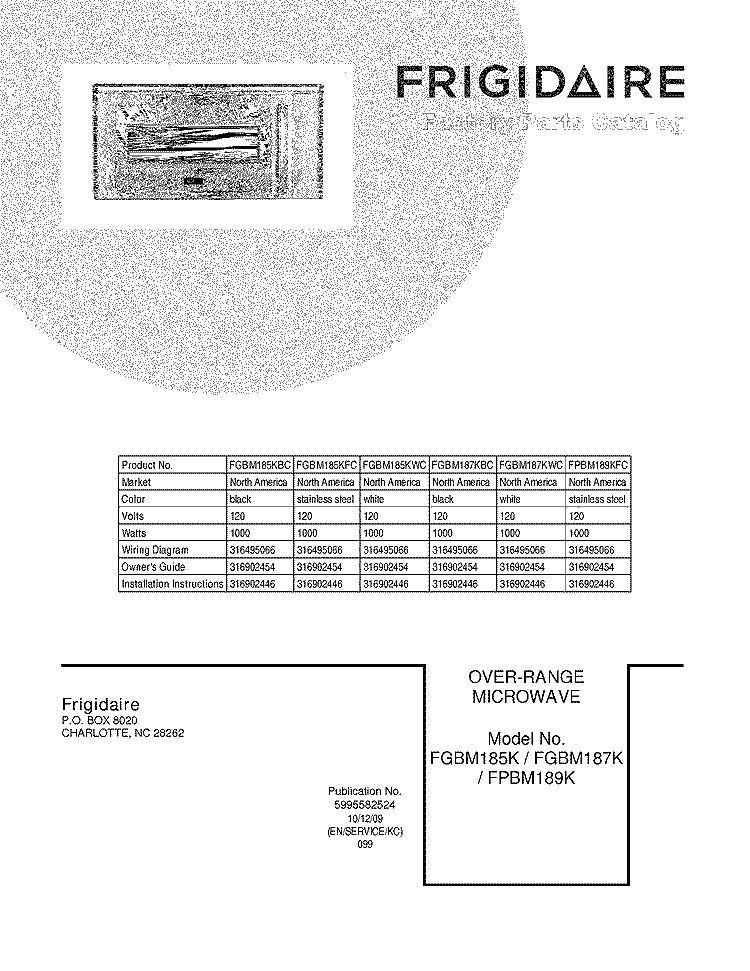 COVER Diagram and Parts List for FGBM187KWC  Frigidaire Microwave
