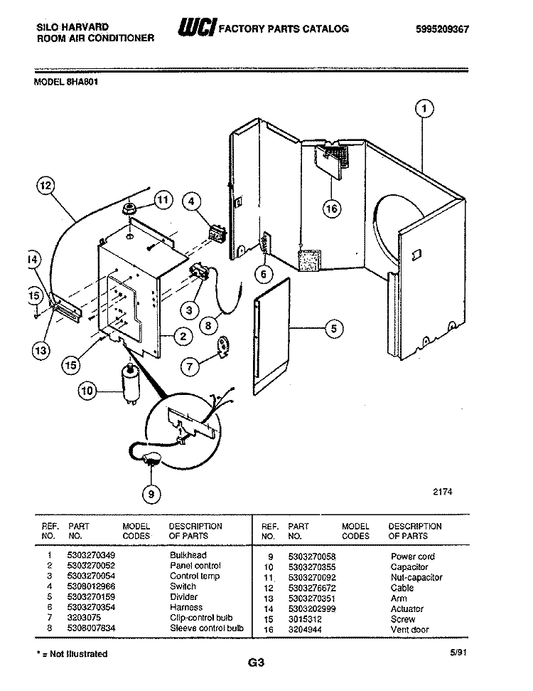 CONTROL PANEL Diagram and Parts List for 8HA801  Frigidaire Air Conditioner