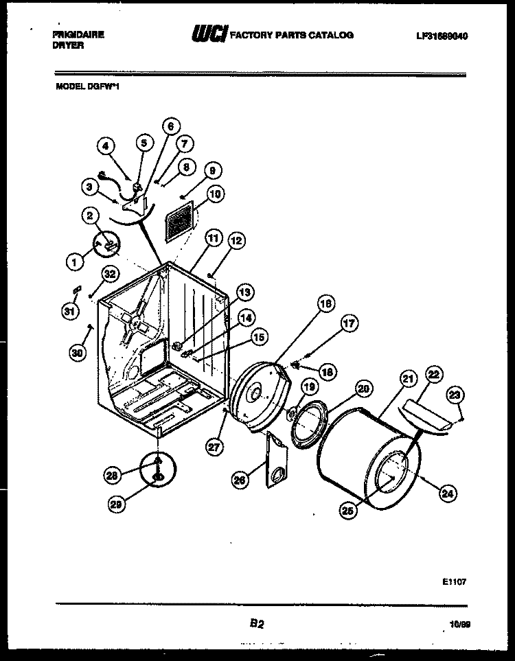 CABINET AND COMPONENT PARTS Diagram and Parts List for DGFW1  Frigidaire Dryer