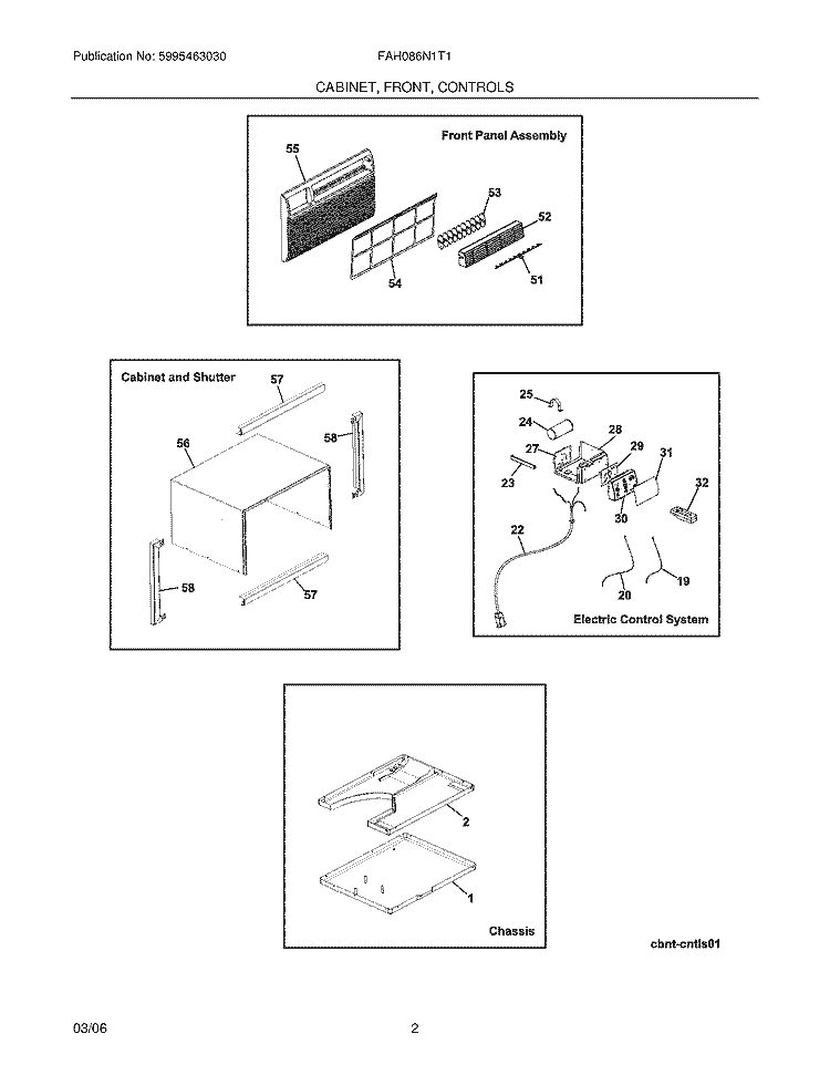 CABINET / FRONT / CONTROLS Diagram and Parts List for FAH086N1T1  Frigidaire Air Conditioner