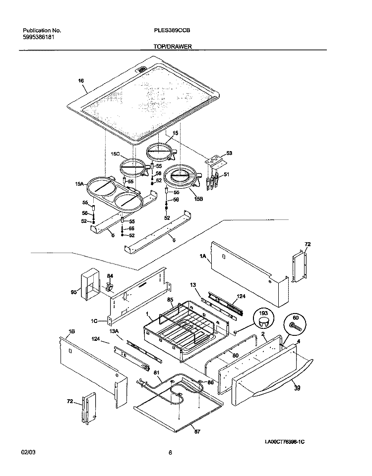TOP / DRAWER Diagram and Parts List for PLES389CCB  Frigidaire Range