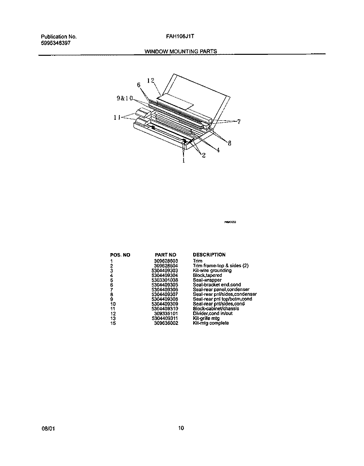 WINDOW MOUNTING PARTS Diagram and Parts List for FAH106J1T2  Frigidaire Air Conditioner