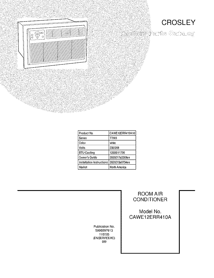 COVER Diagram and Parts List for CAWE12ERR410A10  Crosley Air Conditioner