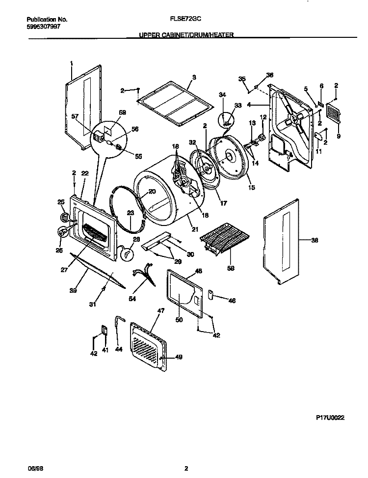 UPPER CABINET / DRUM / HEATER Diagram and Parts List for FLSE72GCS8  Frigidaire Washer Dryer Combo