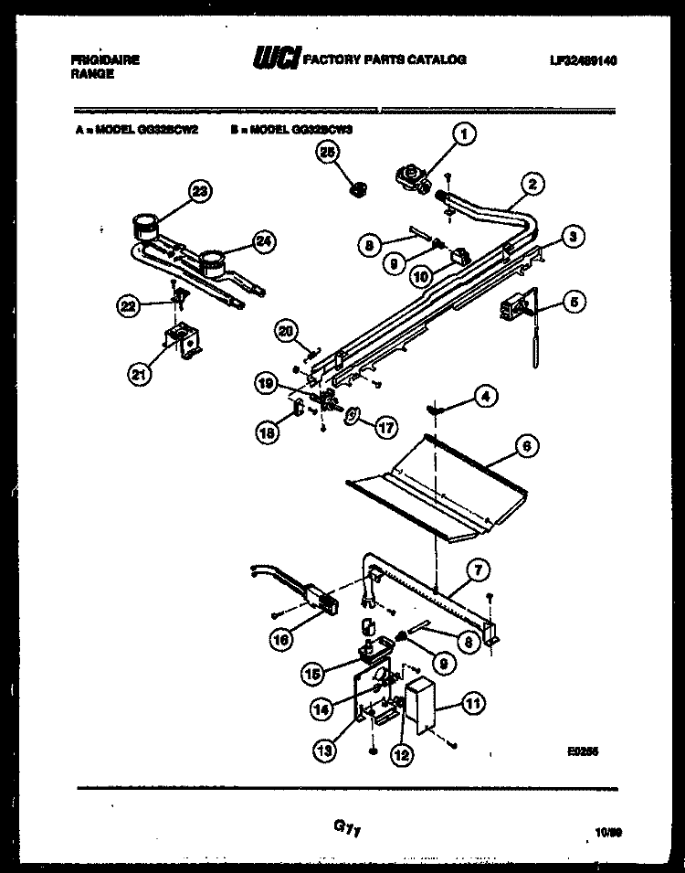 BURNER, MANIFOLD AND GAS CONTROL Diagram and Parts List for GG32BCL2  Frigidaire Range