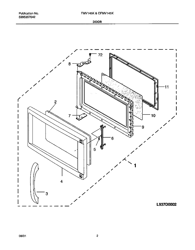 DOOR Diagram and Parts List for CFMV145KB1  Frigidaire Microwave