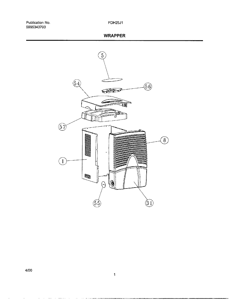 WRAPPER Diagram and Parts List for FDH25J1  Frigidaire Dehumidifier