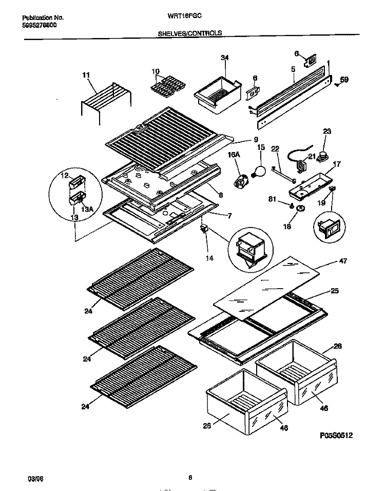 SHELVES / CONTROLS Diagram and Parts List for WRT18FGCW2  Frigidaire Refrigerator
