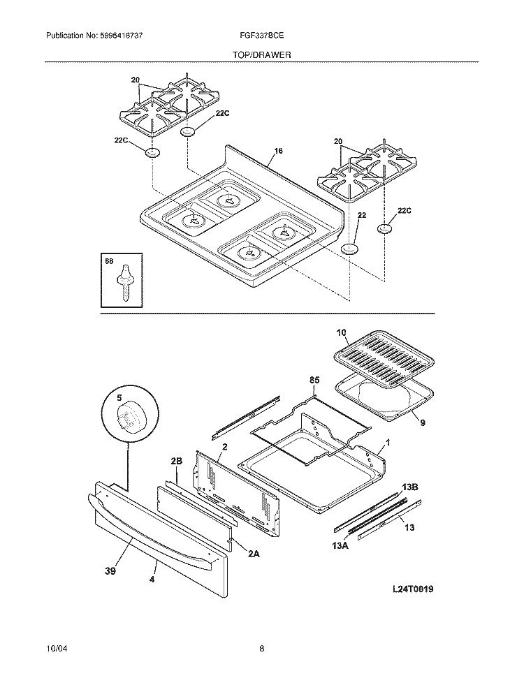 TOP / DRAWER Diagram and Parts List for FGF337BCE  Frigidaire Range