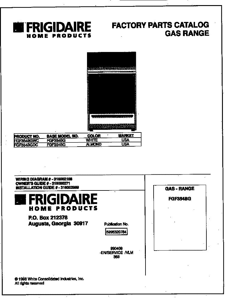 COVER Diagram and Parts List for FGF354BGDC  Frigidaire Range