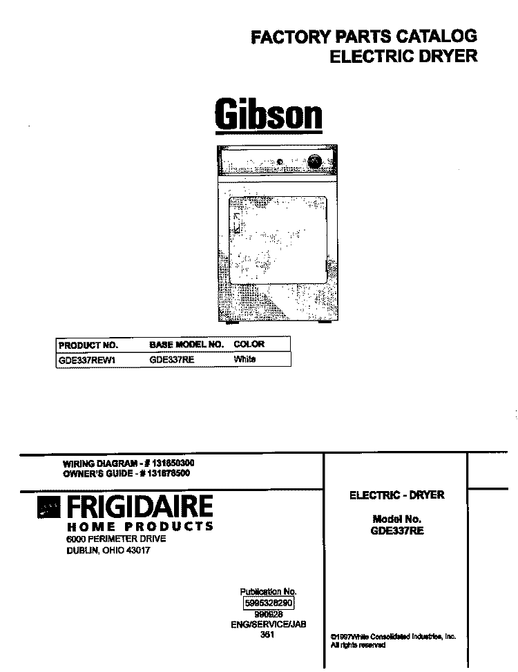 COVER Diagram and Parts List for GDE337REW1  Gibson Dryer