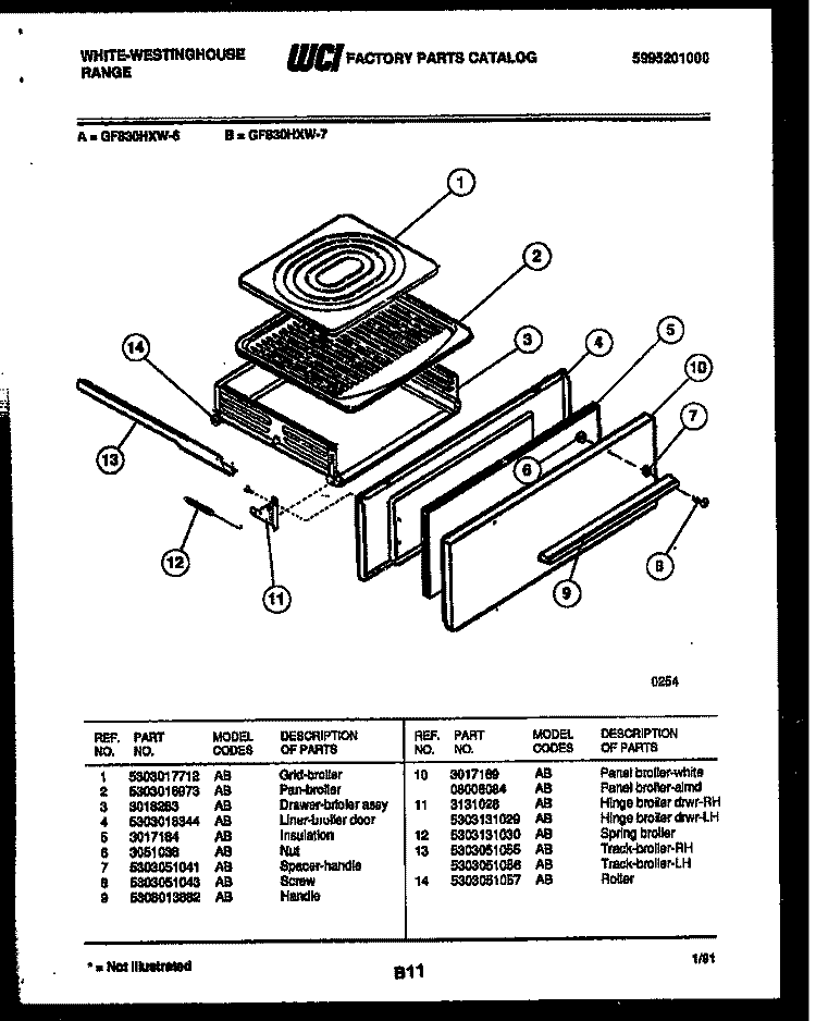 BROILER DRAWER PARTS Diagram and Parts List for GF830HXD7  Frigidaire Range