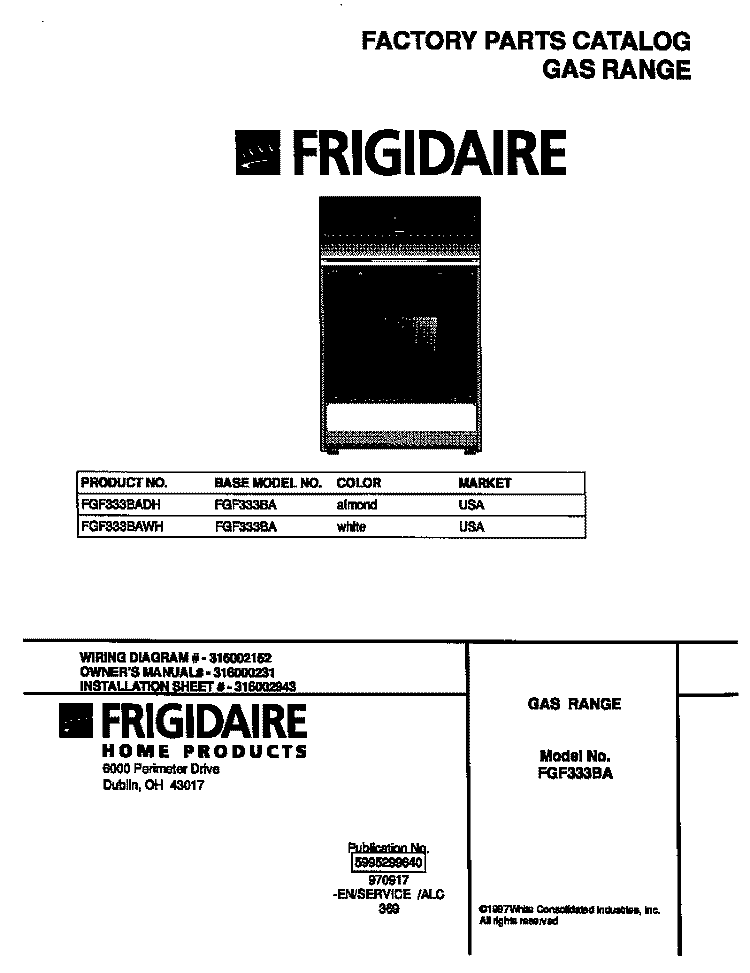 COVER Diagram and Parts List for FGF333BAWH  Frigidaire Range
