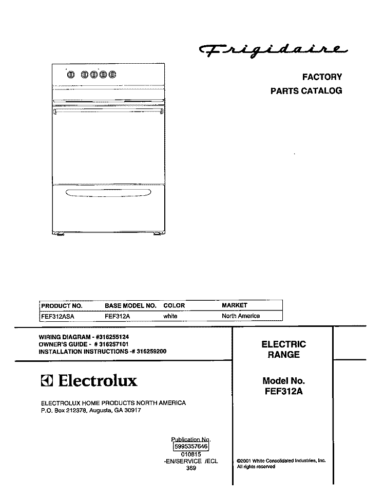 COVER Diagram and Parts List for FEF312ASA  Frigidaire Range