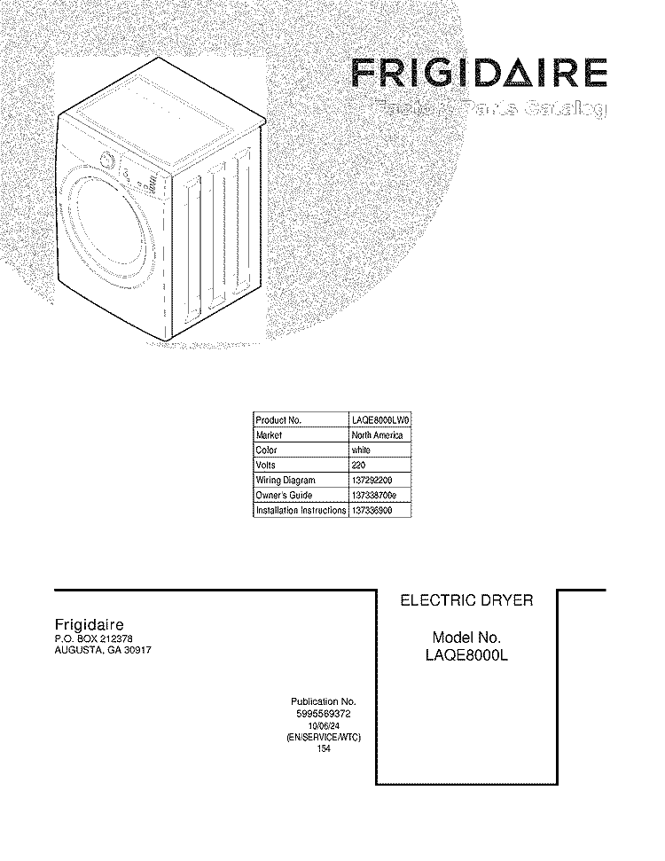 COVER Diagram and Parts List for LAQE8000LW0  Frigidaire Dryer