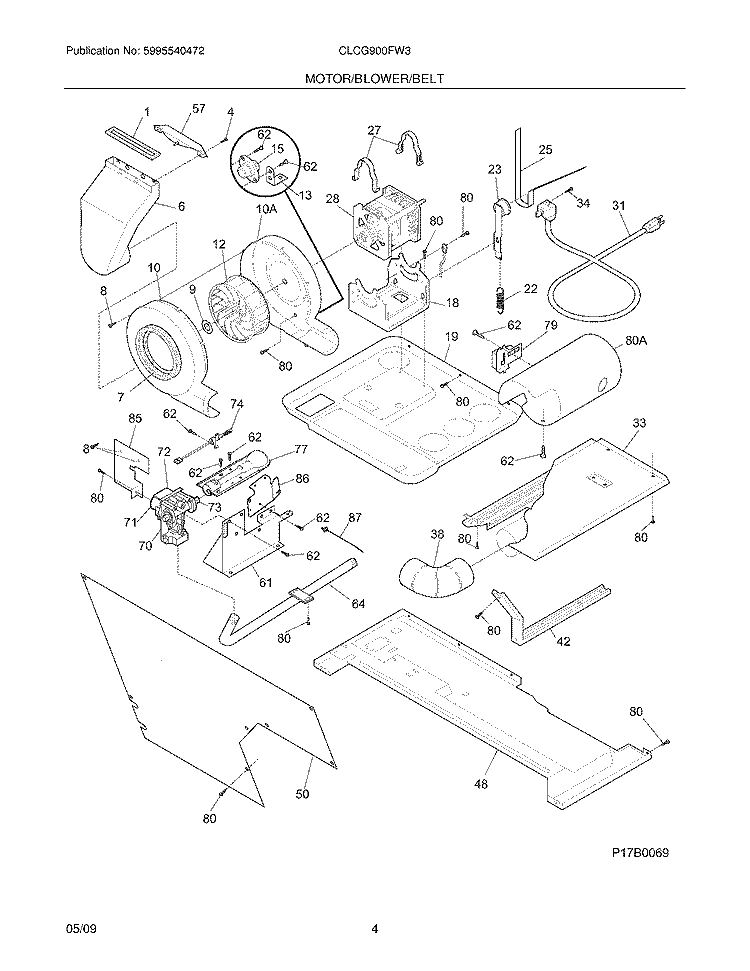 MOTOR/BLOWER/BELT Diagram and Parts List for CLCG900FW3  Crosley Washer Dryer Combo