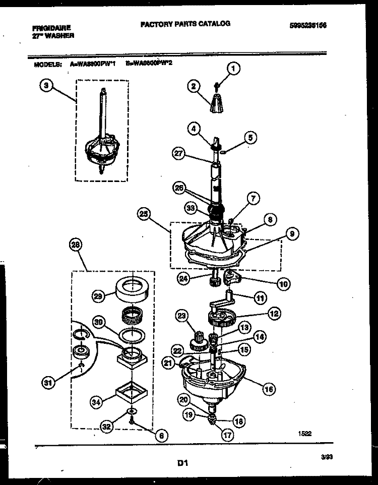 TRANSMISSION PARTS Diagram and Parts List for WA8800PW2  Frigidaire Washer