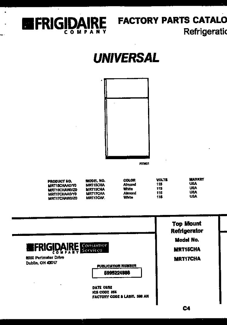 COVER Diagram and Parts List for MRT15CHAY0  Uni Refrigerator