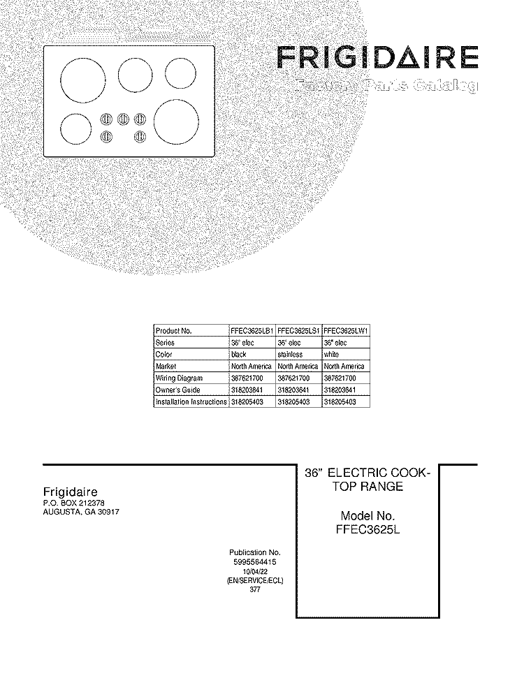 COVER Diagram and Parts List for FFEC3625LB1  Frigidaire Cooktop