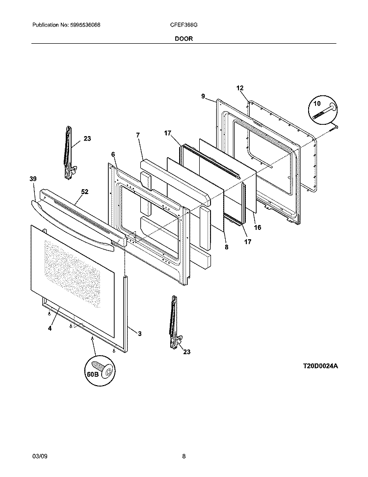 DOOR Diagram and Parts List for CFEF366GBB  Frigidaire Range