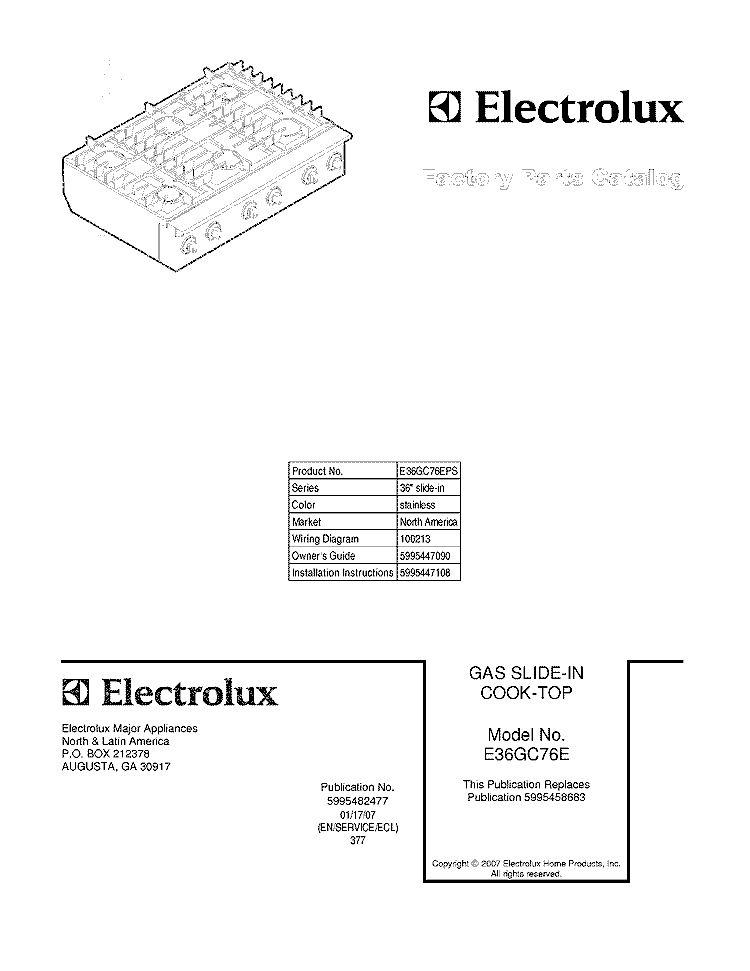 COVER Diagram and Parts List for E36GC76EPS  Electrolux Cooktop