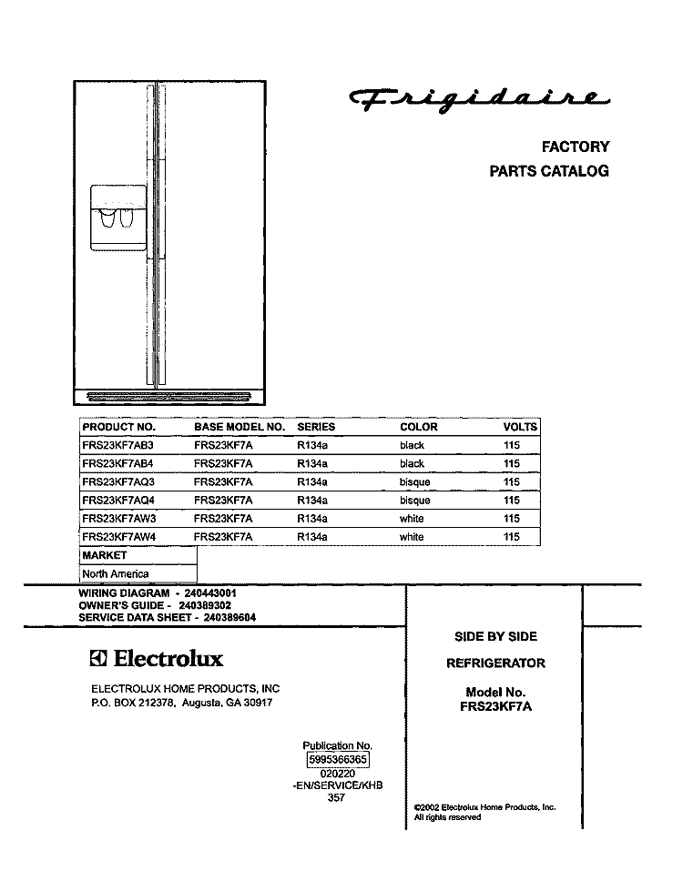 COVER Diagram and Parts List for FRS23KF7AB3  Frigidaire Refrigerator