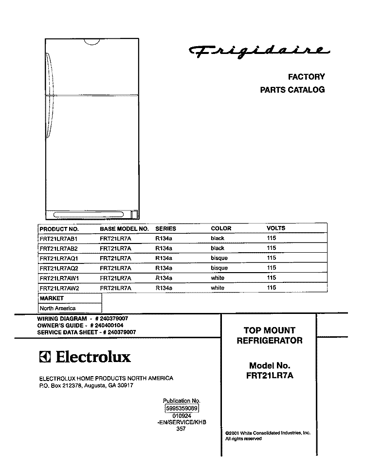 COVER Diagram and Parts List for FRT21LR7AQ2  Frigidaire Refrigerator