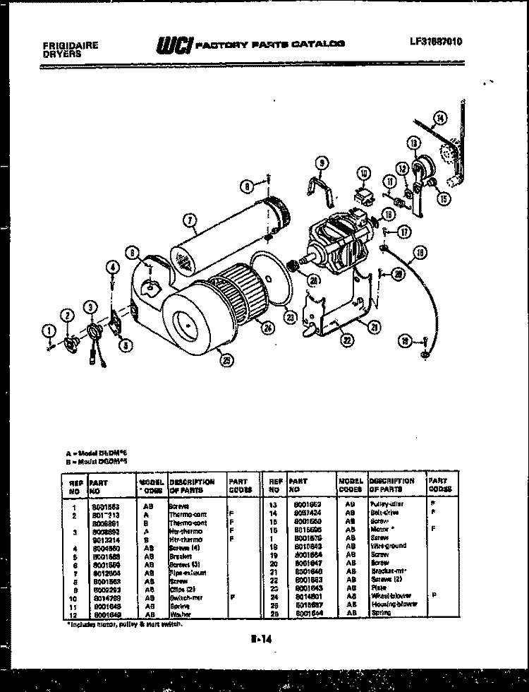 BLOWER AND DRIVE PARTS Diagram and Parts List for DEDML6  Frigidaire Dryer