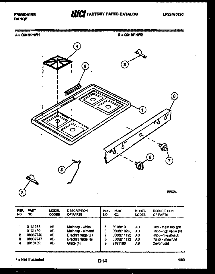 COOKTOP PARTS Diagram and Parts List for G31BPNL2  Frigidaire Range