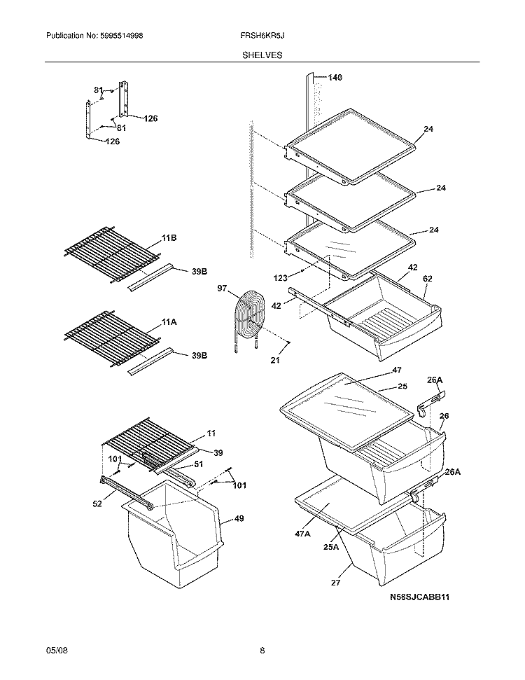 SHELVES Diagram and Parts List for FRSH6KR5JW1  Frigidaire Refrigerator