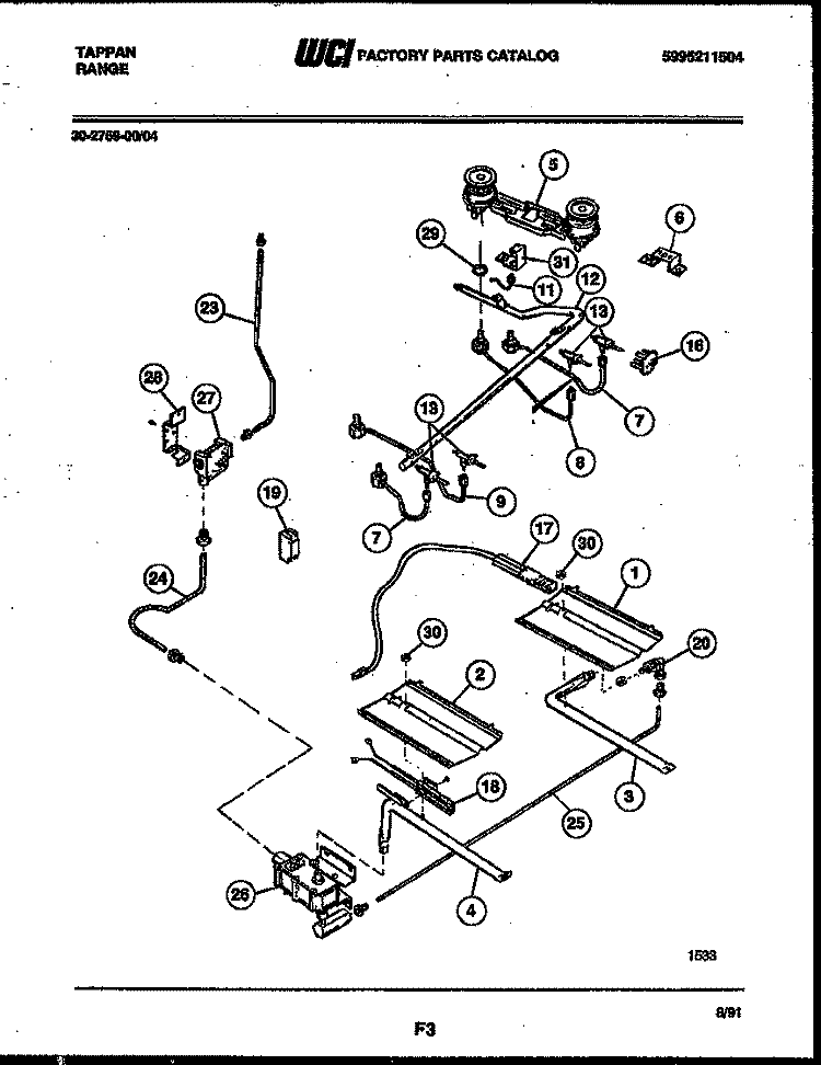BURNER, MANIFOLD AND GAS CONTROL Diagram and Parts List for 30-2759-00-04  Tappan Range
