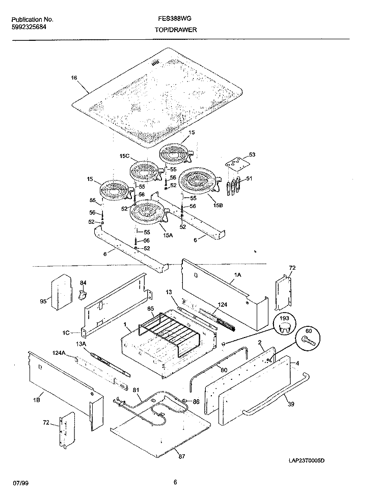 TOP / DRAWER Diagram and Parts List for FES388WGCF  Frigidaire Range