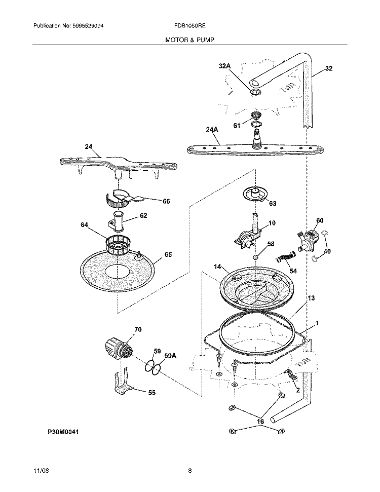 MOTOR & PUMP Diagram and Parts List for FDB1050REC5  Frigidaire Dishwasher