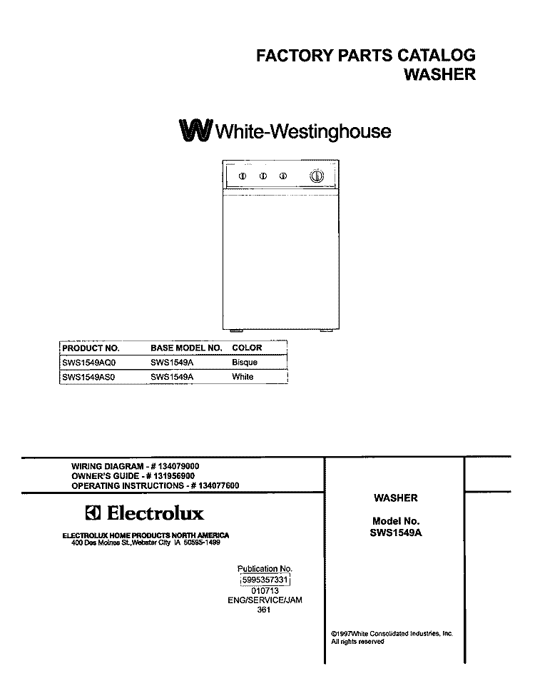 COVER Diagram and Parts List for SWS1549AQ0  Westinghouse Washer
