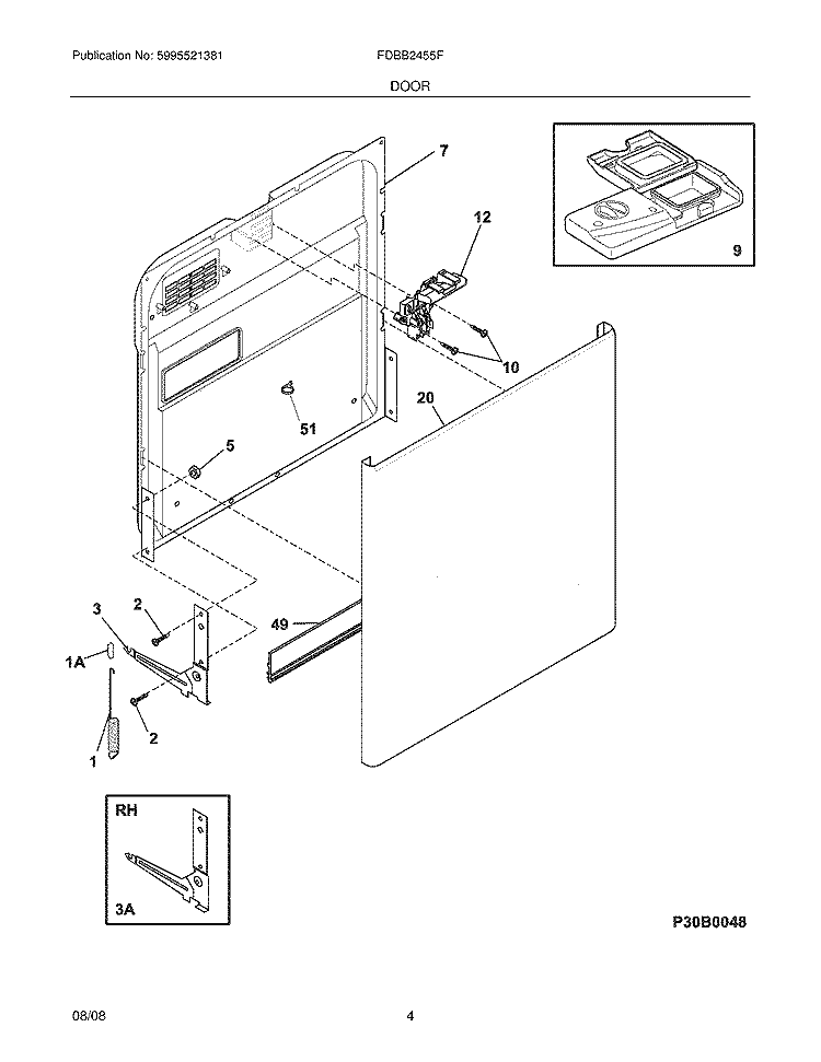 DOOR Diagram and Parts List for FDBB2455FB2  Frigidaire Dishwasher