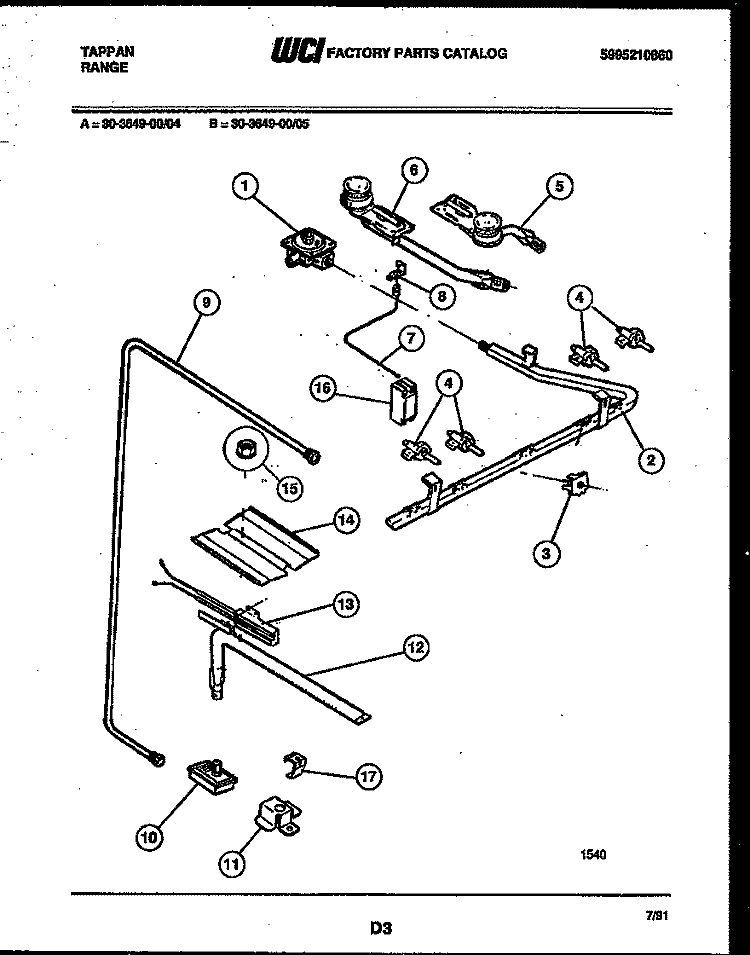BURNER, MANIFOLD AND GAS CONTROL Diagram and Parts List for 30-3649-00-05  Tappan Range