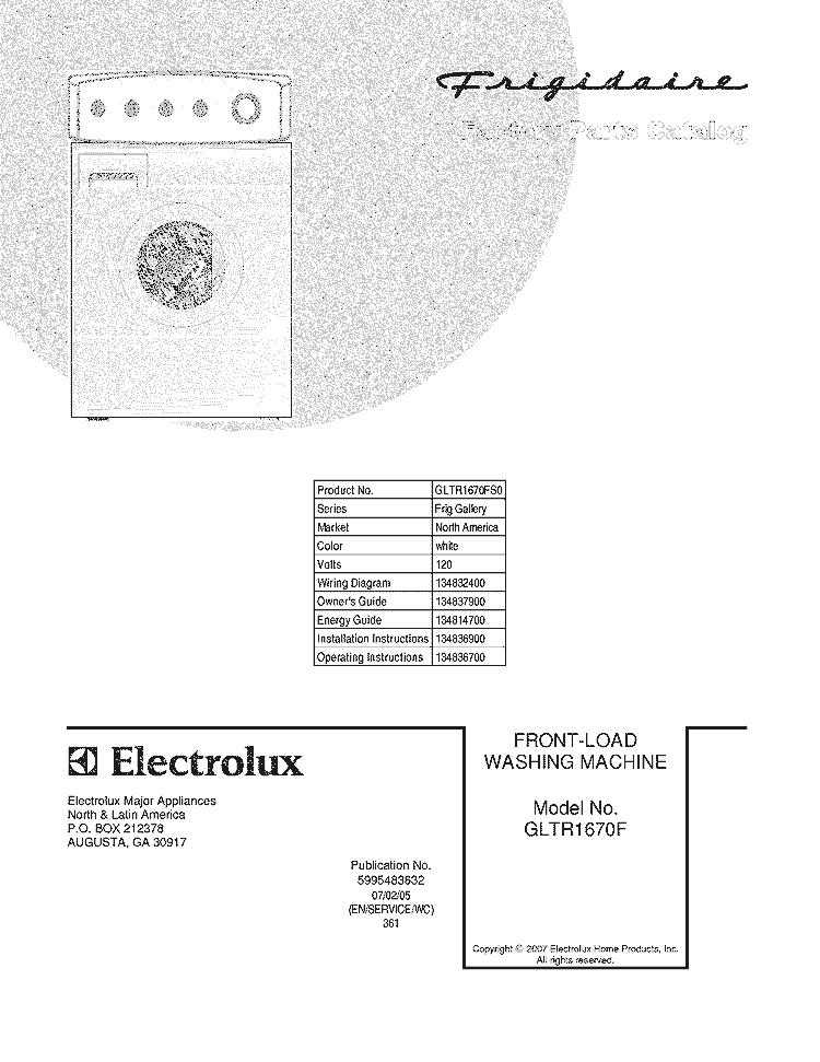 COVER Diagram and Parts List for GLTR1670FS0  Frigidaire Washer