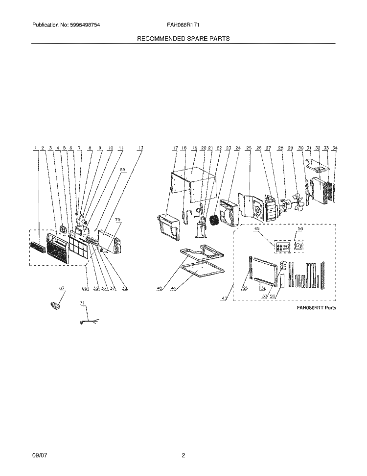 RECOMMENDED SPARE PARTS Diagram and Parts List for FAH086R1T1  Frigidaire Air Conditioner