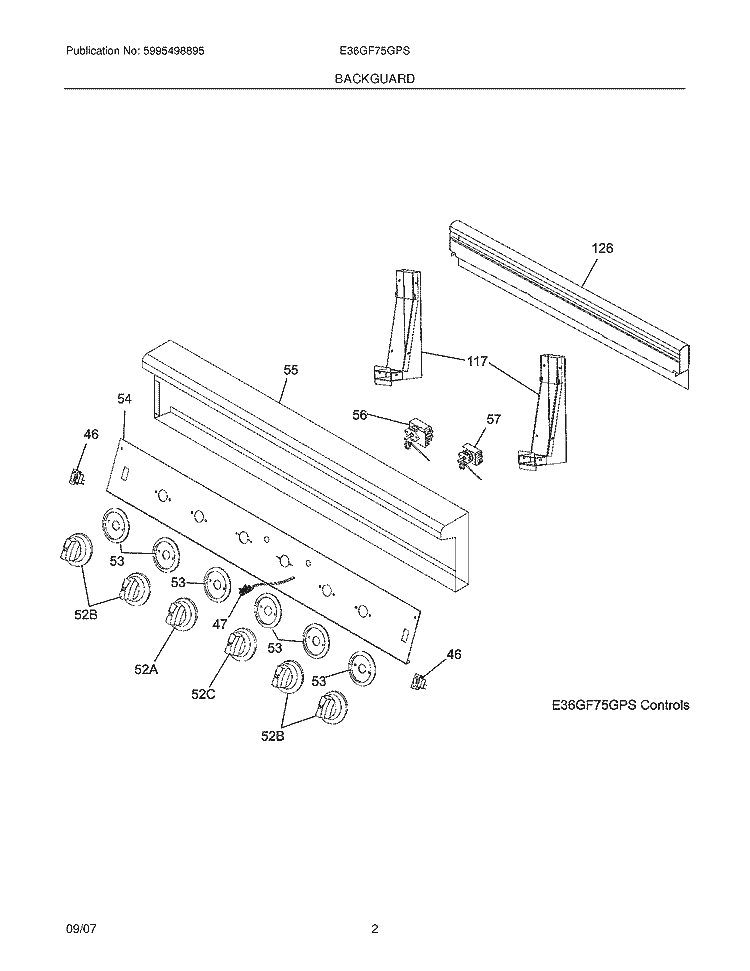 BACKGUARD Diagram and Parts List for E36GF75GPS  Electrolux Cooktop