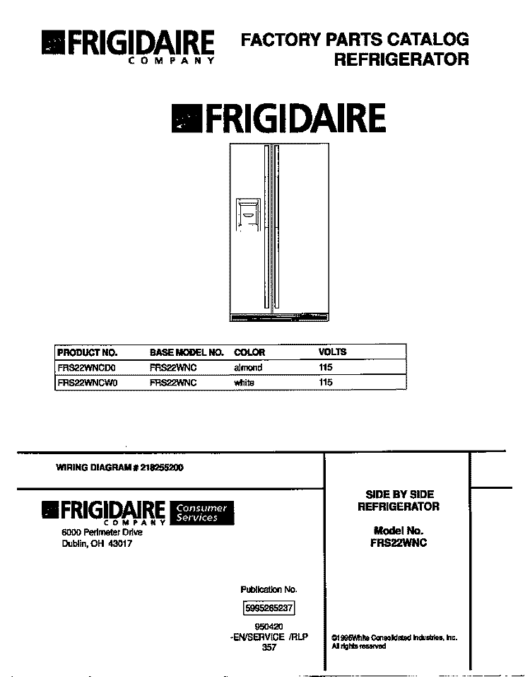 COVER Diagram and Parts List for FRS22WNCW0  Frigidaire Refrigerator