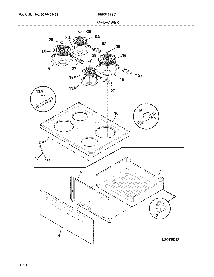 TOP / DRAWER Diagram and Parts List for FEF312BSC  Frigidaire Range