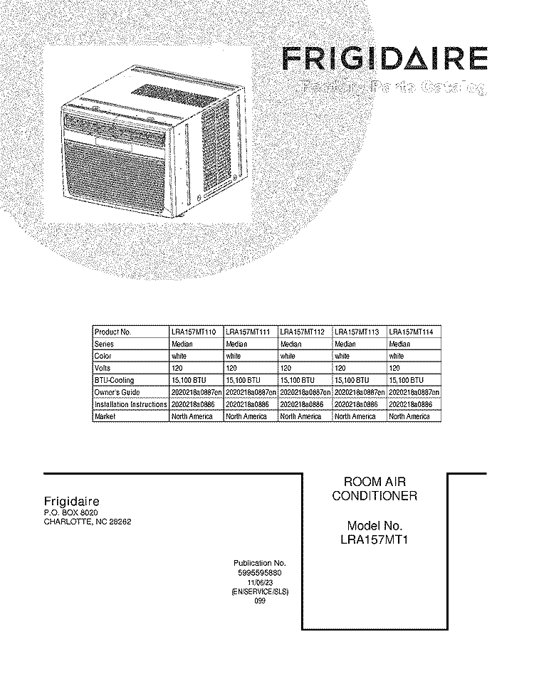 COVER Diagram and Parts List for LRA157MT113  Frigidaire Air Conditioner