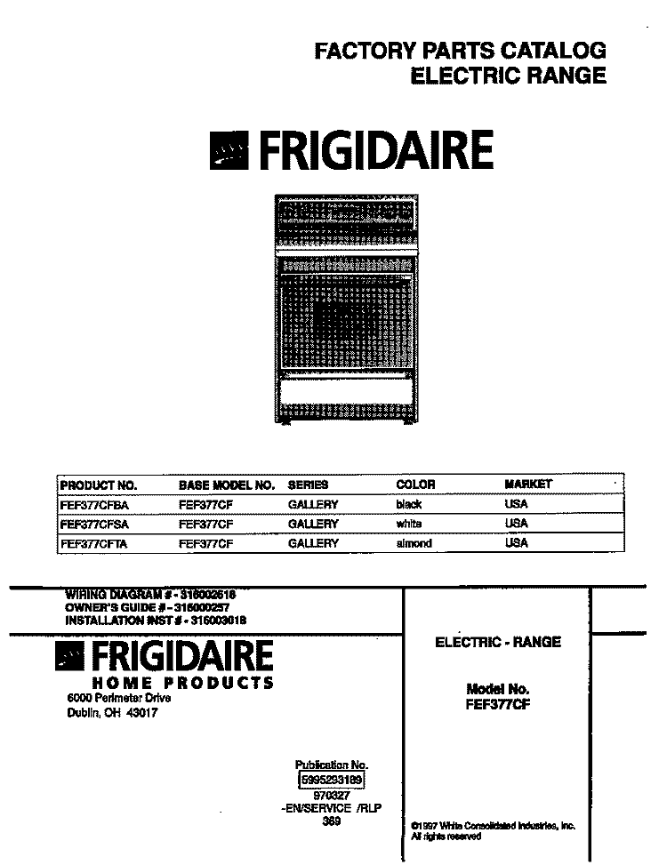 COVER Diagram and Parts List for FEF377CFBA  Frigidaire Range